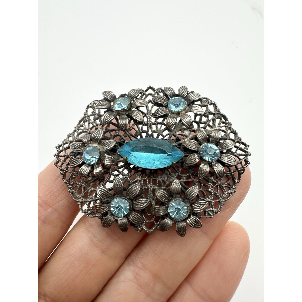 Vintage Estate Rhinestone Brooch Floral Filigree Blue
